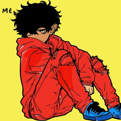 a male hoddie ripped jeans messy hair anime