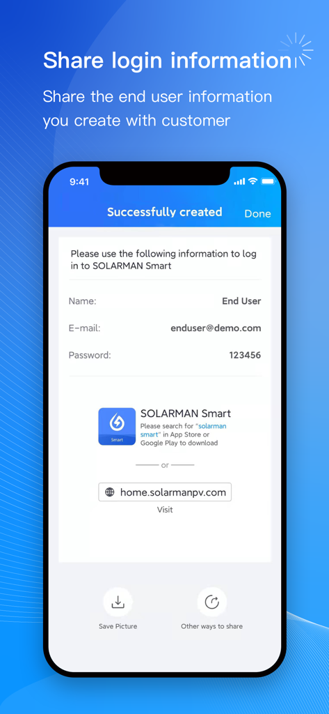 SOLARMAN Business - Interfaz para compartir credenciales de inicio de sesión con usuarios finales en SOLARMAN Business