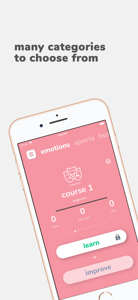 Flashwords mobile app screen showing vocabulary categories like emotions for language learning
