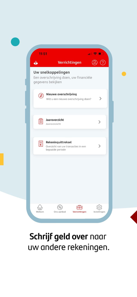 Santander Consumer Bank NL - Santander Consumer Bank NL mobile app transaction menu showing options for money transfers and bank statements