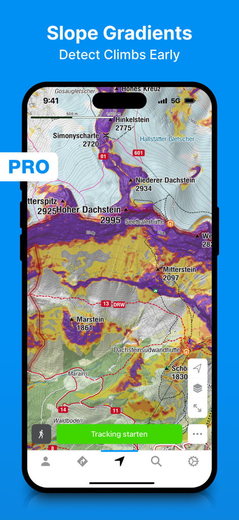 bergfex: Hiking & Tracking - Bergfex app displaying slope gradient overlays on a topographic map for hikers and skiers