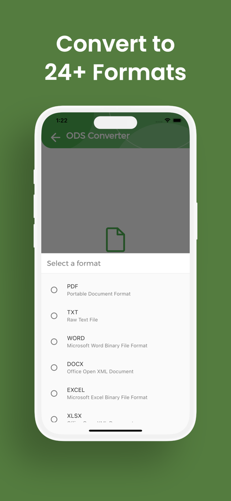 ODS Converter, ODS to EXCEL - Ecrã da aplicação ODS Converter mostrando opções de formato de ficheiro incluindo PDF, Word e Excel