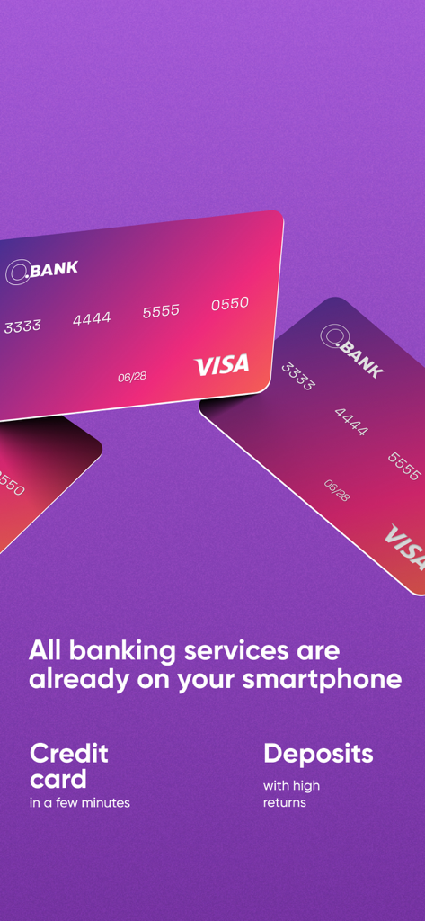 O.Bank UA mobile banking app interface showing virtual credit cards and banking services like deposits and credit cards on a purple background