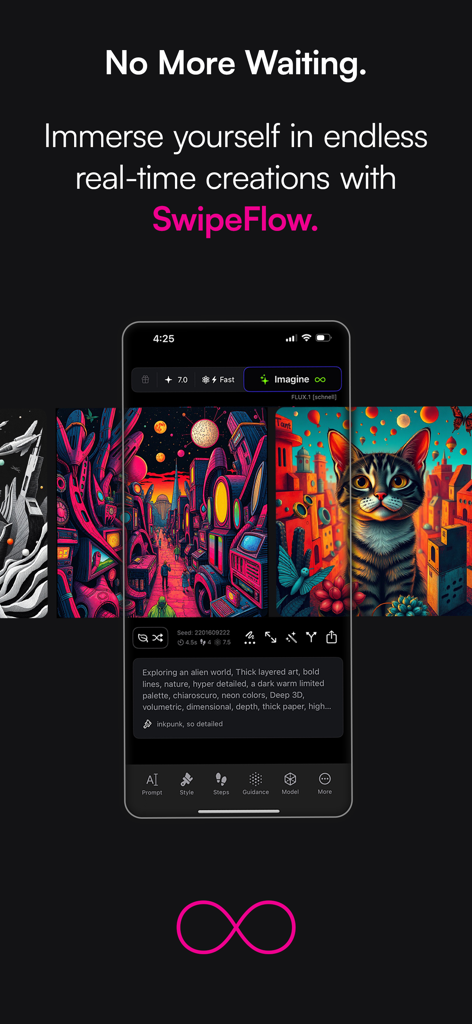 Sogni - AI Art Generator - Smartphone screen showing Sogni AI Art Generator SwipeFlow feature for browsing real-time AI creations