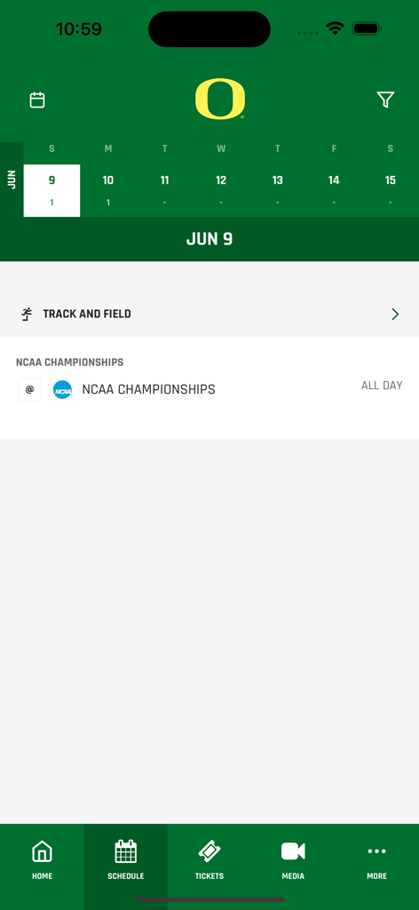 Go Ducks Gameday - The Go Ducks Gameday app schedule screen showing Oregon track and field event details