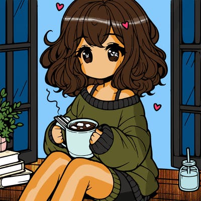 cute anime girl reading book and drinking hot chocolate from mug with loose wavy hair wearing a baggy sweatshirt and shorts sitting by windowsill looking out