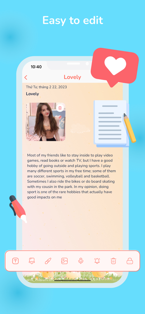 Interfaz de la aplicación Color Note mostrando una entrada de diario personalizada con una foto y texto sobre un fondo naranja claro