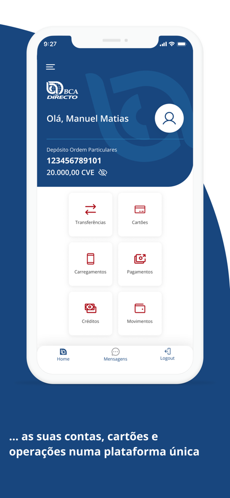 BCADirecto Mobile banking app dashboard showing account balance and service icons