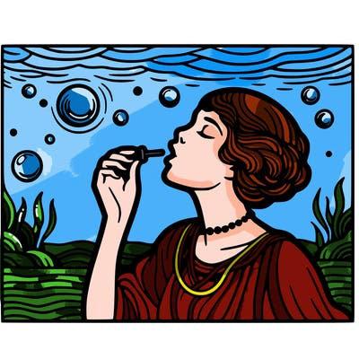 pop art style woman blowing a bubble underwater