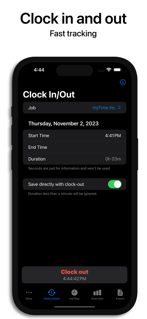 Hours Tracker - myTime - Interfaccia dell'app Hours Tracker myTime che mostra la funzione di clock-in e clock-out su un iPhone in modalità scura