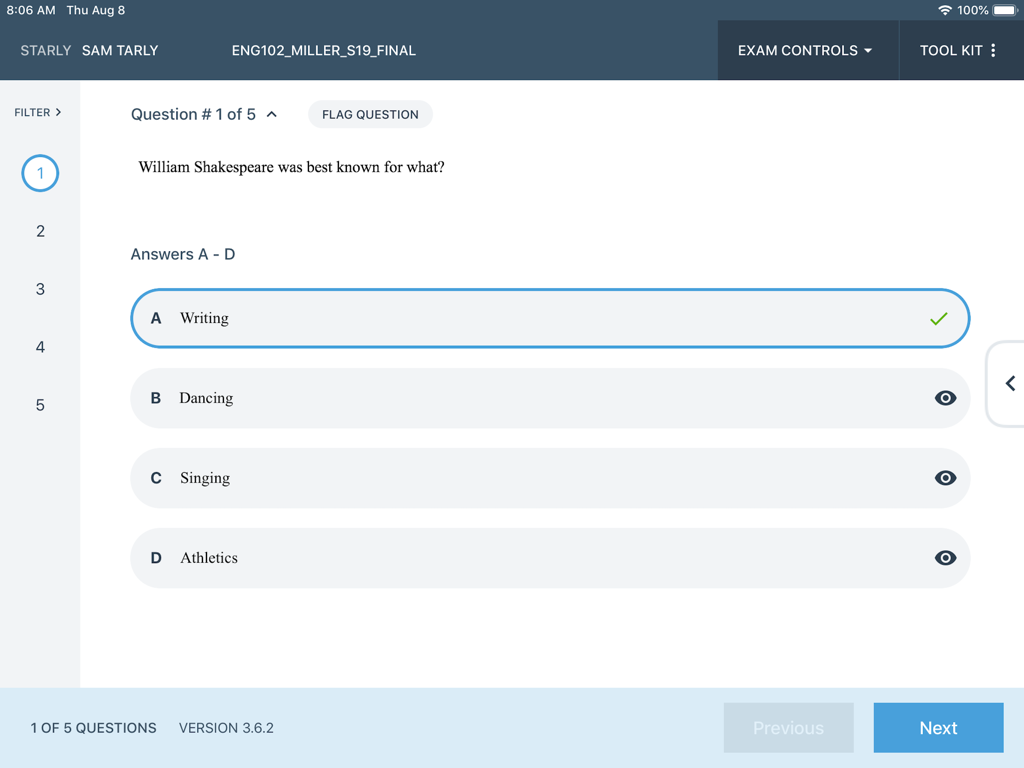 Examplify app interface showing a multiple choice exam question on an iPad