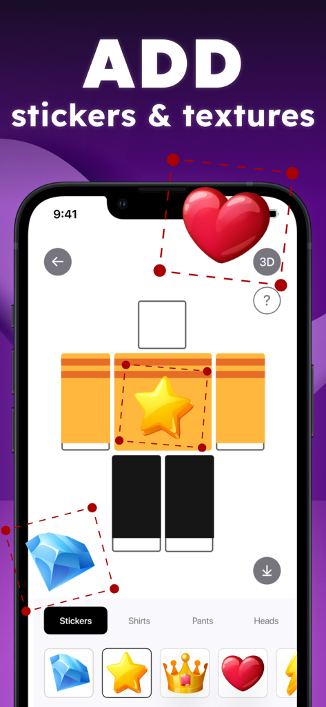 Skins & Avatars Clothes Maker - Interface utilisateur de l'application montrant comment ajouter des autocollants et des textures à un modèle de vêtement de personnage