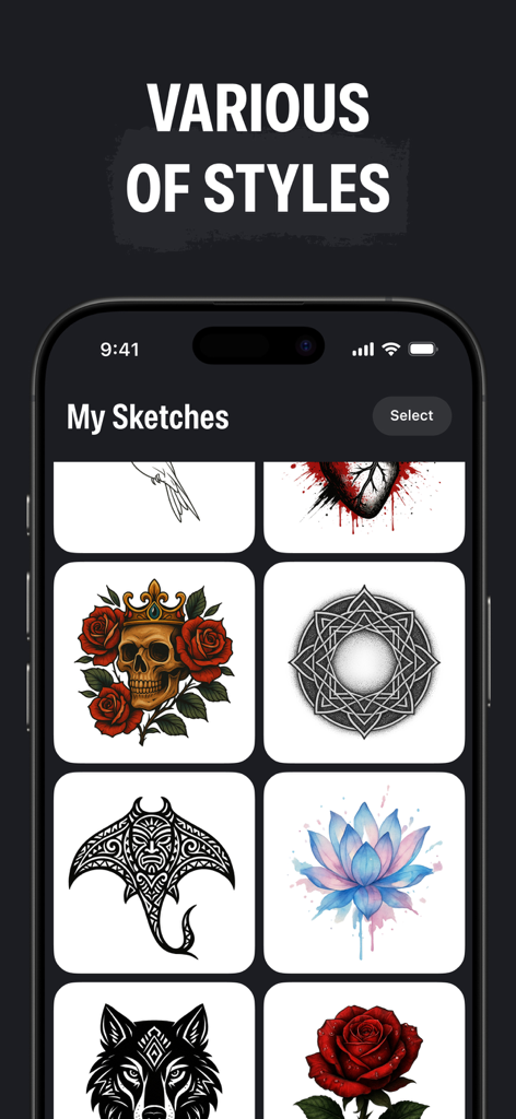 InkGen: Tattoo AI Design Maker - Mobile App-Oberfläche mit einer Vielzahl von Tattoo-Design-Skizzen in verschiedenen Stilen wie Totenkopf, Blumen und geometrische Muster