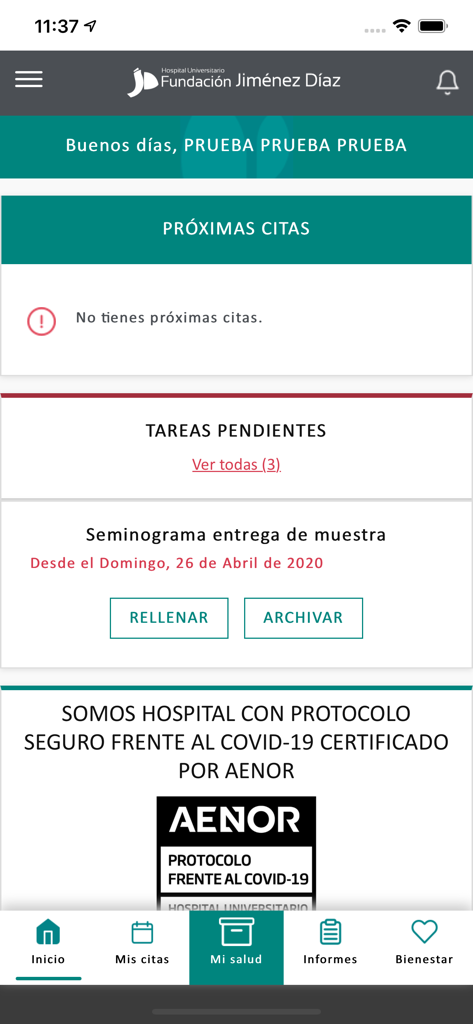 Fundación Jimenez Díaz - Home screen of the Fundacion Jimenez Diaz patient portal showing upcoming appointments and pending tasks
