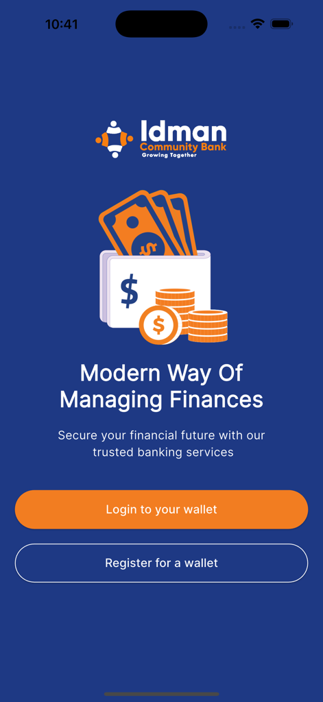 Idman Wallet - Écran d'accueil de l'application mobile Idman Wallet avec les options de connexion et d'inscription
