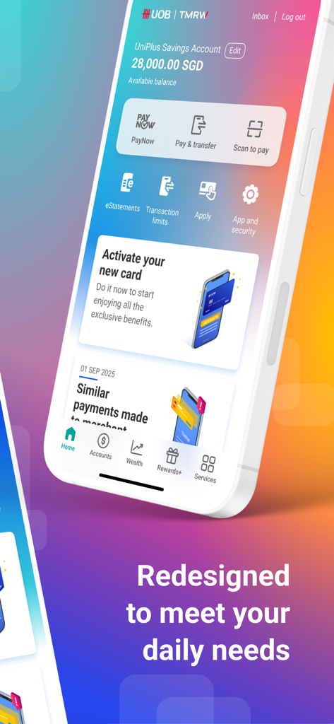 UOB TMRW mobile banking app dashboard showing account balance and daily financial tools