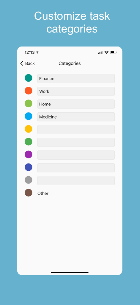 Daily Tasks - Tracker - Una pantalla en la aplicación Daily Tasks Tracker para personalizar categorías de tareas como Finanzas y Trabajo con codificación de colores