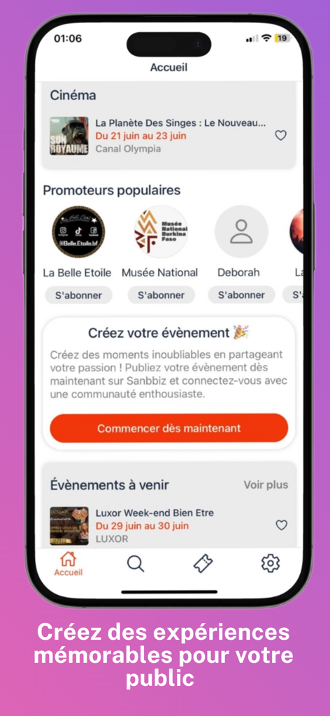 이벤트 카테고리와 프랑스어로 자신만의 이벤트 생성 섹션을 보여주는 Sanbbiz 앱 홈 화면