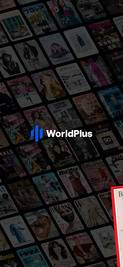Grade de capas de revistas internacionais com o logo WorldPlus