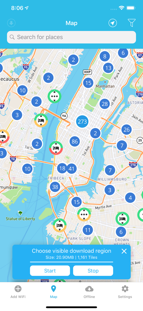 WiFi Finder app interface showing a map of New York with hotspot locations and an offline map download prompt.