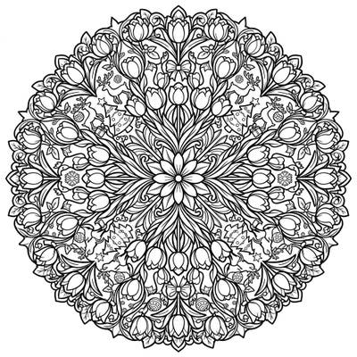 Immerse yourself in festive floral beauty with this unique Christmas Tulip Mandala coloring page. Intricate patterns of blooming tulips interweave with traditional holiday symbols for a delightful artistic challenge.