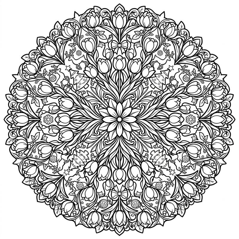 Immerse yourself in festive floral beauty with this unique Christmas Tulip Mandala coloring page. Intricate patterns of blooming tulips interweave with traditional holiday symbols for a delightful artistic challenge.