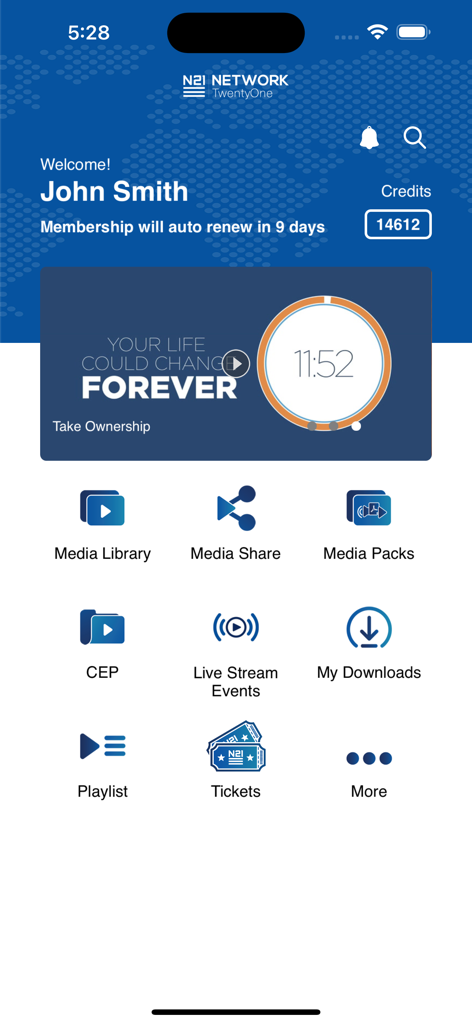 Dashboard der N21Mobile-App mit Mediathek, Live-Streaming-Events und Benutzerkontodetails