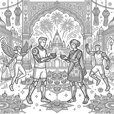 Dive into a vibrant celebration where the power of the future meets the traditions of Diwali. This unique coloring page features bionic athletes enjoying the festival of lights with diyas and fireworks.