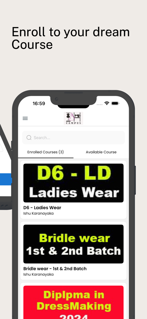 Smartphone-Bildschirm, der die ISH Campus App mit einer Liste von Nähkursen wie Damenbekleidung und Brautmode anzeigt.