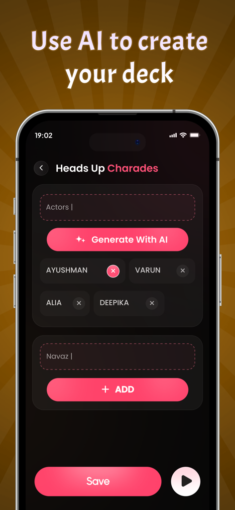 A mobile screen showing the AI custom deck builder for the Charades Guess the Name game where users can generate lists of actors
