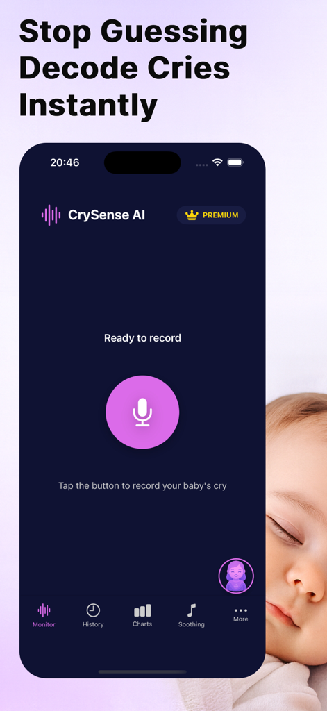 Interface of CrySense AI Baby Translator app showing the cry recording screen with a large microphone button.