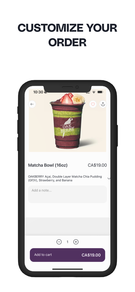 OAKBERRY CA - Oakberry CAアプリの画面。抹茶アサイーボウルのカスタマイズ、価格、カートに追加ボタンが表示されている。