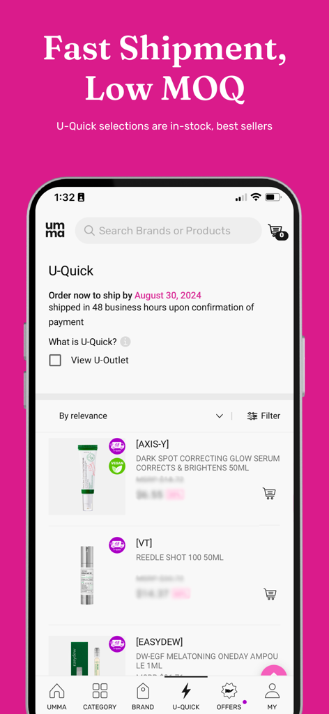 umma.io - Umma mobile app showing wholesale Korean beauty products with low minimum order quantities and fast shipping
