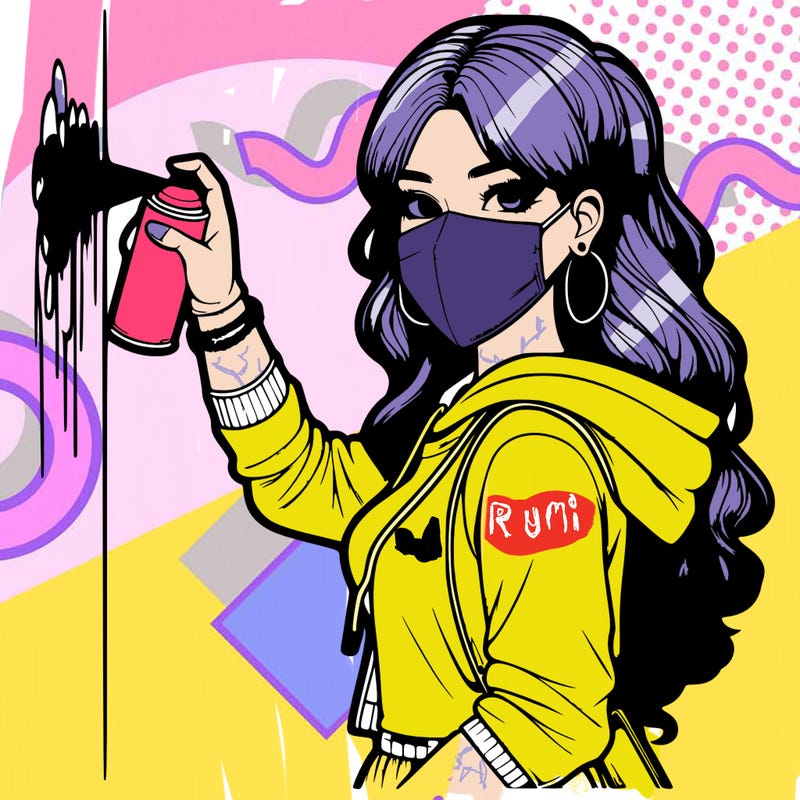 realistic girl with mask spray painting a wall