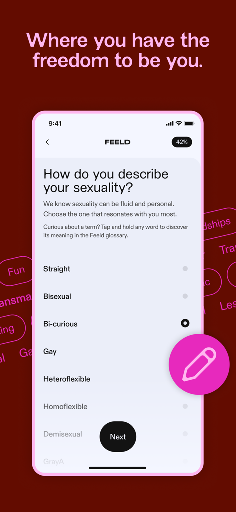 Feeld app interface displaying a diverse list of sexuality options for user profiles