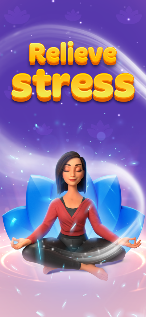 A woman meditating in a lotus pose with a blue flower background and the text Relieve stress