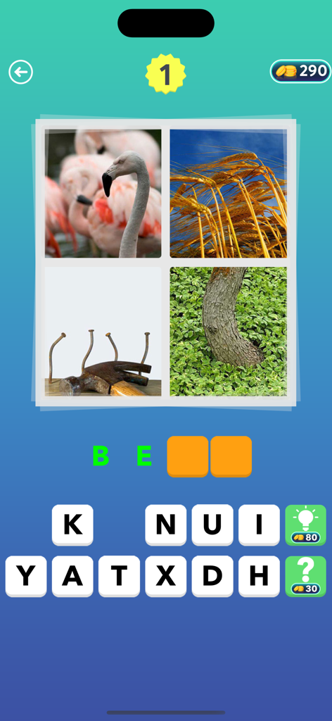 4 Pics: What's the Word? - Un nivel de puzzle de palabras en la app 4 Fotos ¿Cuál es la Palabra? mostrando cuatro imágenes y fichas de letras.