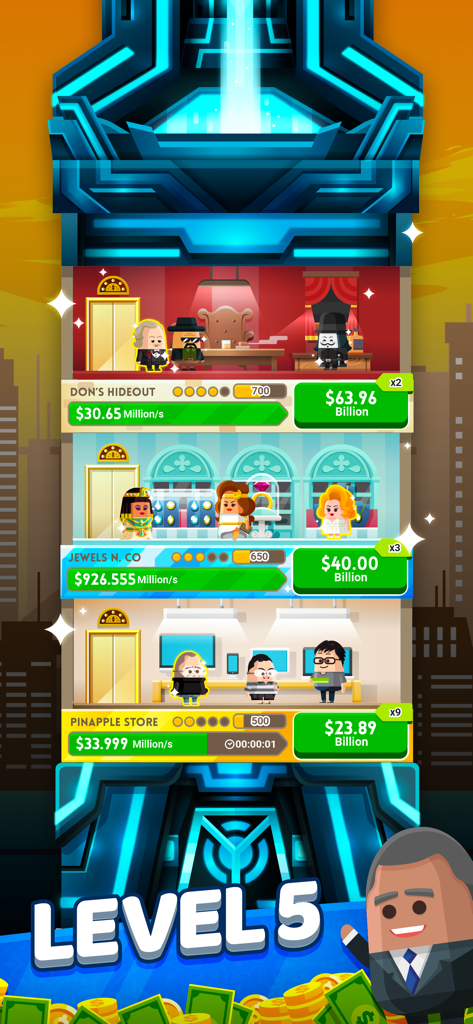 Gameplay screenshot of Cash Inc showing multiple business floors in a skyscraper tower at level five