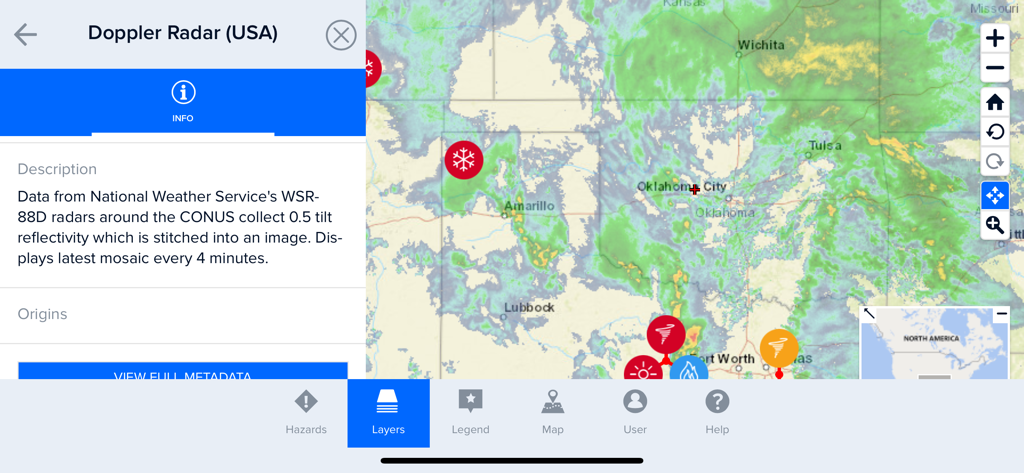 Disaster Alert (PDC Global) - A Doppler radar map in the Disaster Alert app showing severe weather hazards across the United States.