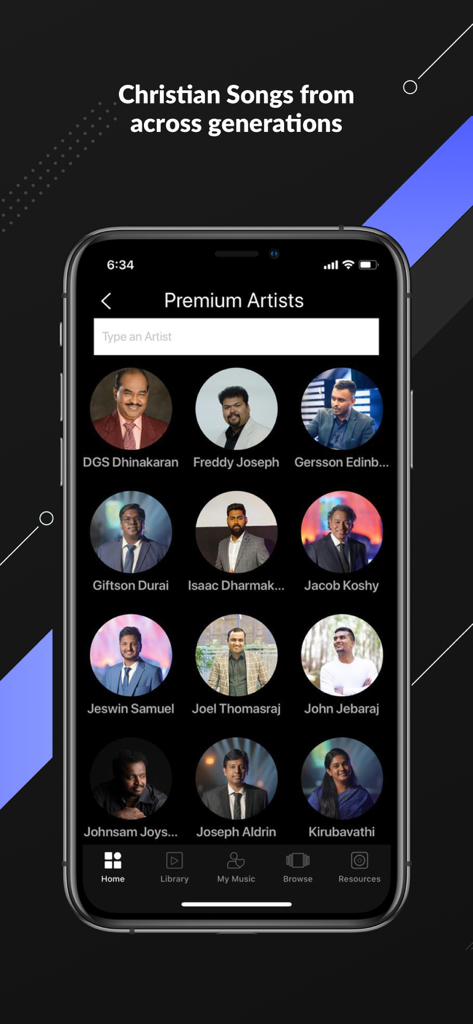 God Music - A screen from the God Music app showing a directory of premium Christian artists and worship leaders.