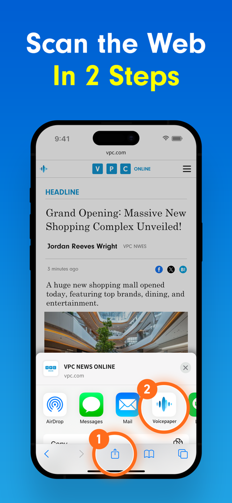 iPhone screen showing a two step process to scan web articles into the Voicepaper app using the iOS share menu