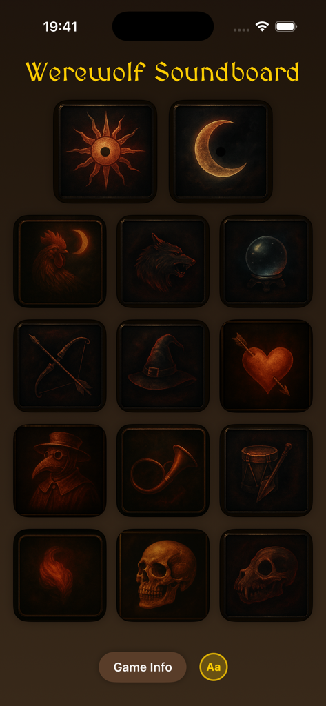 Werewolf Soundboard - Main interface of the Werewolf Soundboard app showing a grid of medieval-themed sound effect buttons.
