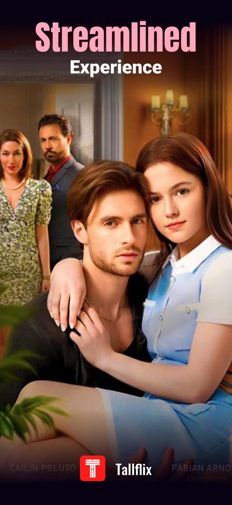 Tallflix: Short Dramas & Films - Promotional poster for the Tallflix app featuring a young couple in a short drama with the text Streamlined Experience