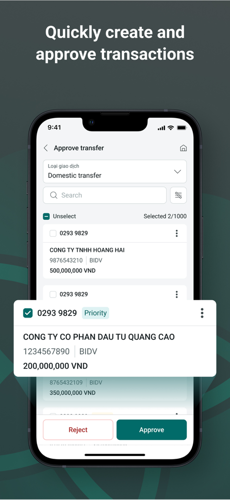 Tela do celular exibindo aprovações de transferência comercial no aplicativo bancário BIDV Direct