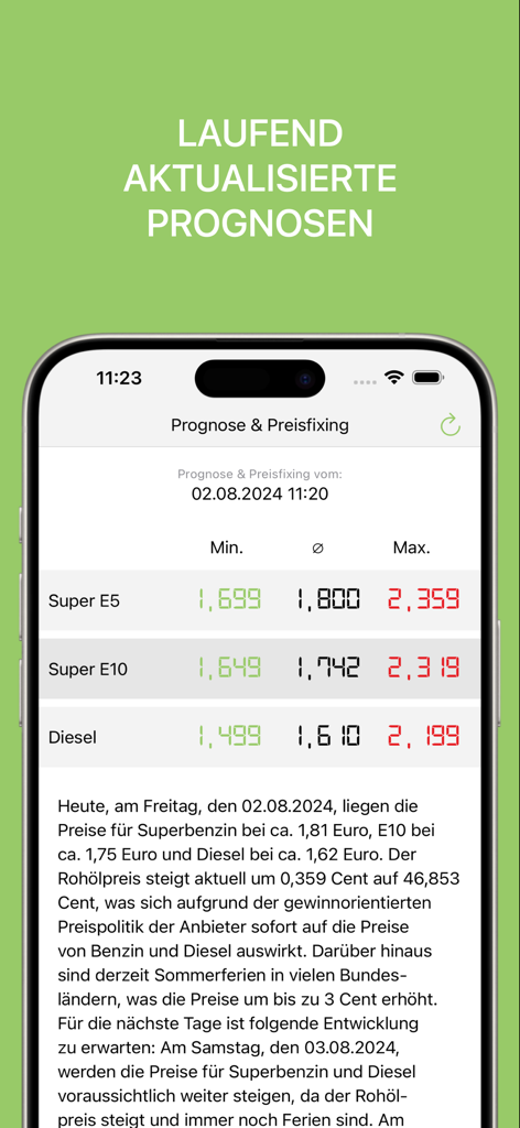 Una pantalla de aplicación móvil que muestra pronósticos de precios de combustible y análisis de mercado para Super E5, Super E10 y Diésel.