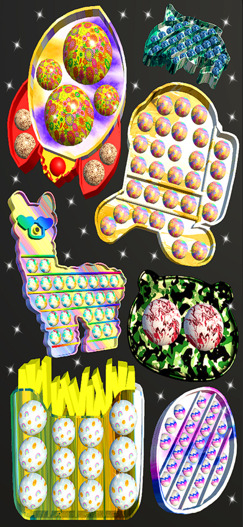 A collection of colorful 3D pop-it fidget toys in various shapes like a llama and rocket