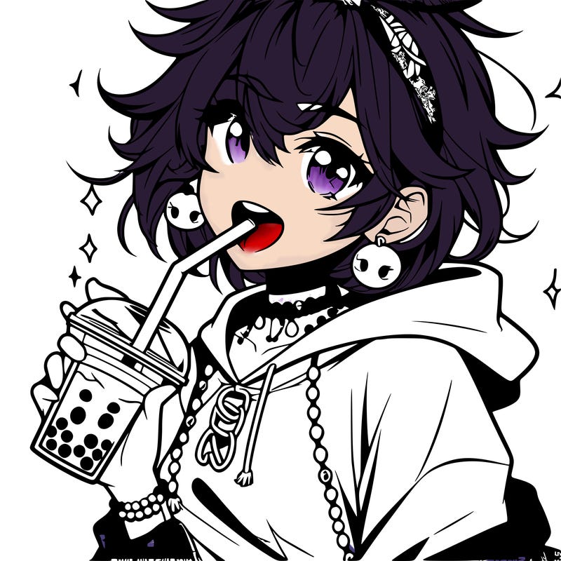 hot baddie anime girl drinking boba and biting the straw