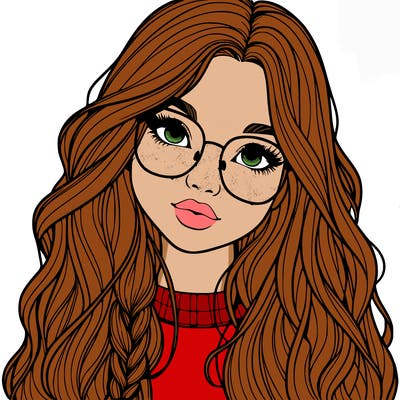 girl with long hair and freckles and glasses realistic
