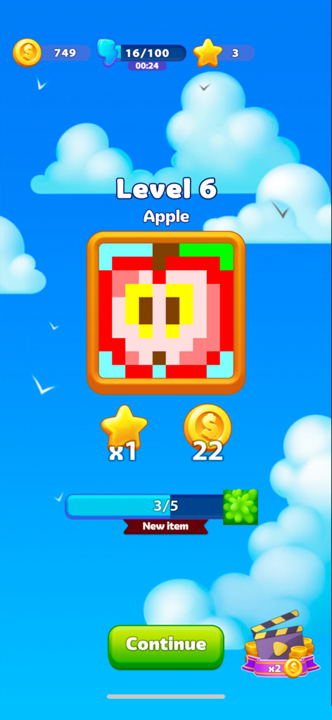 Nonogram Seasons: Pixel Puzzle - Level 6 results screen in Nonogram Seasons featuring a pixel art apple and rewards