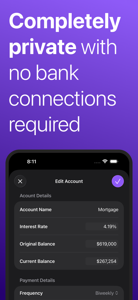 Debt Zero: Snowball Calculator - Debt Zero app interface for manual mortgage tracking with no bank connection